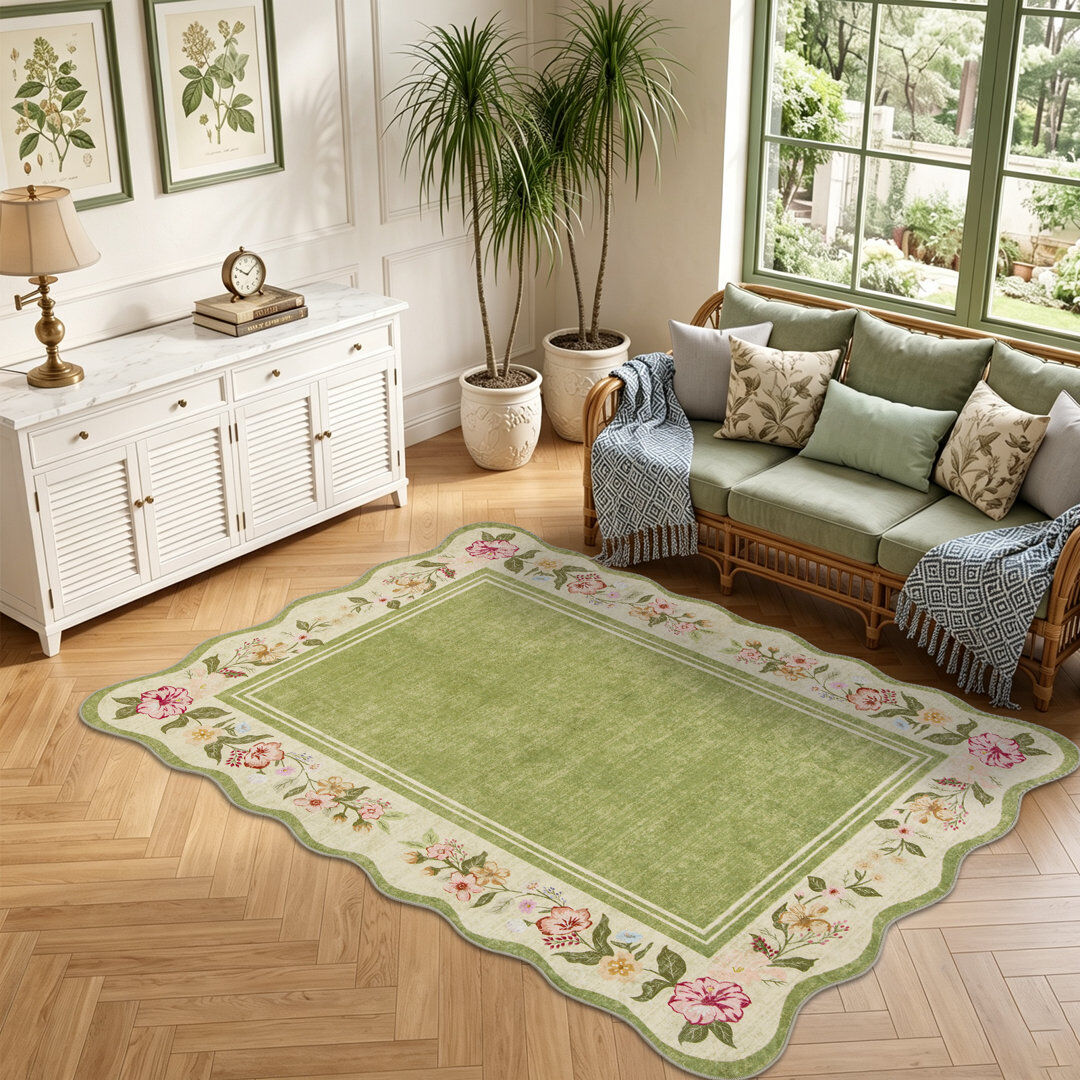 WONDERFUL INDUSTRY LIMITED Floral Scalloped Area Rug , Vintage Green Rugs for Living Room Green;Ivory 120*170cm