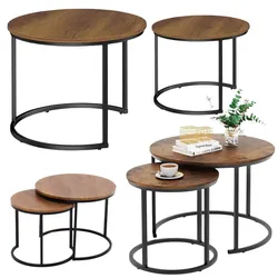 2-in-1-Set runder Couchtische Vintage Naturholz 70x50cm 45x44cm