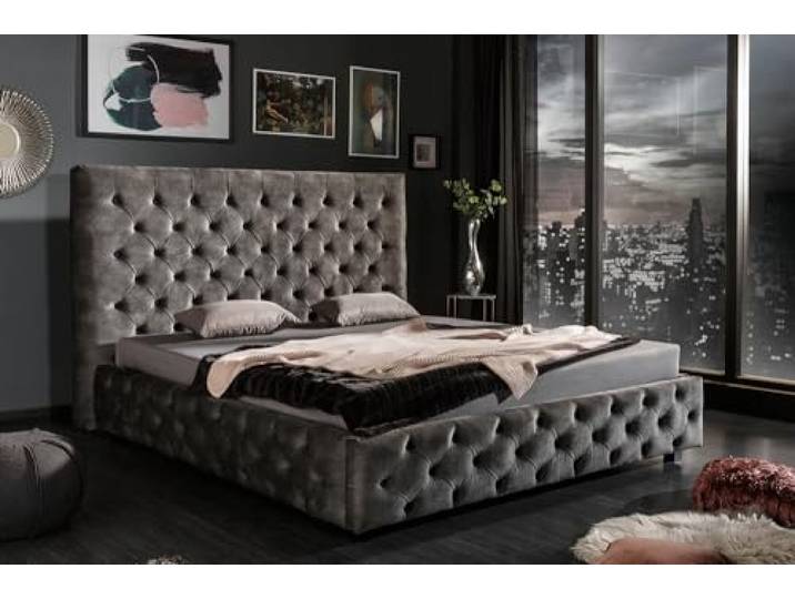 Doppelbett PARIS - 160x200cm - grau - Samt Chesterfield Design Hohe Belastbarkeit, hohes Kopfteil, stabiler Mittelbalken, Ziersteppung, komfortable Rückenlehne, angenehme Haptik
