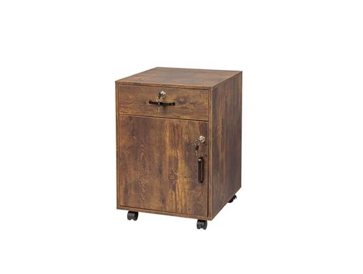 Relaxdays Meuble roulettes\, tiroir + Porte\, 57 x 40 x 40 cm\, verrouillable\, classeur Mobile Brun Vintage