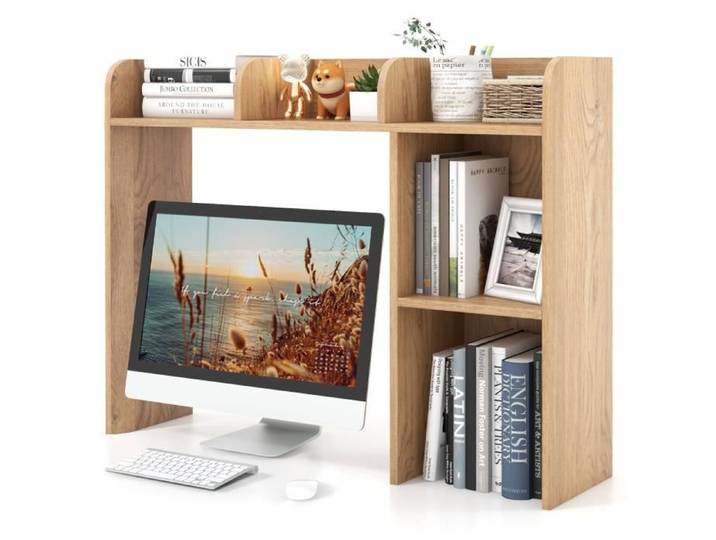 COSTWAY Étagère Bibliothèque à 3 Niveaux 94x25x74 CM Organisateur Rangement de Bureau avec 2 Dispositifs Anti-renversement Naturel