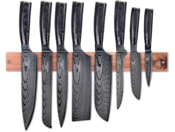 KÜCHENKOMPANE – Edelstahl Messerset Koru mit magnetischer Messerleiste als Messerblock 8-teiliges Küchenmesser Set im Damast Design Kochmesser mit ergonomischen Epoxid-Griff Designed in Germany