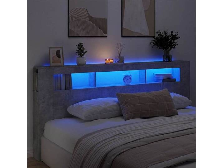 Tête de Lit à LED Panneau avec Rangement Accessoire de Lit Tête de Cadre de Lit Chambre Gris Béton 837375