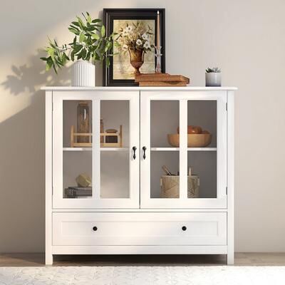 Jims Maison Wood Double Glass Door Accent Cabinet with Drawer