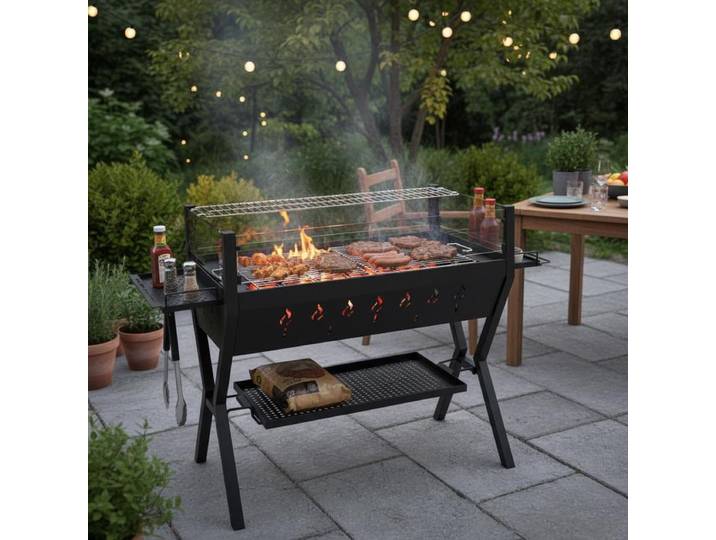 Barbecue. Barbecue au charbon de bois avec pare-vent et support à assaisonnements, idéal pour les réunions de famille dans le jardin et sur la terrasse - Noir.