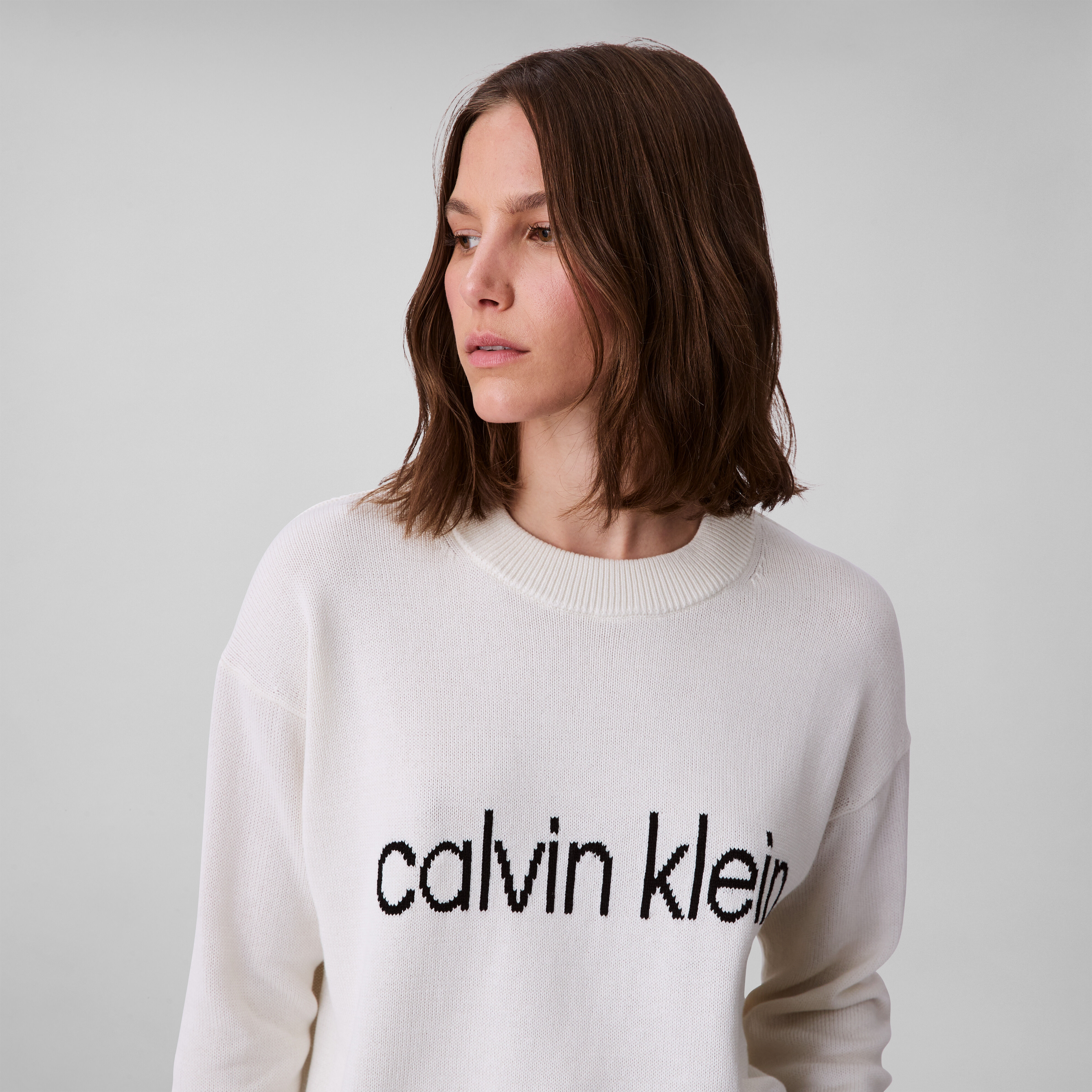 Strickpullover CALVIN KLEIN JEANS "Cotton Graphic Pullover", Damen, Gr. XXS (34), weiss (tofu), Strick, Obermaterial: 100% Baumwolle, unifarben, klassisch normal, Rundhals, eingesetzt Rippstrickbündchen, Pullover Strickpullover, Mit Rundhalsausschnitt tof
