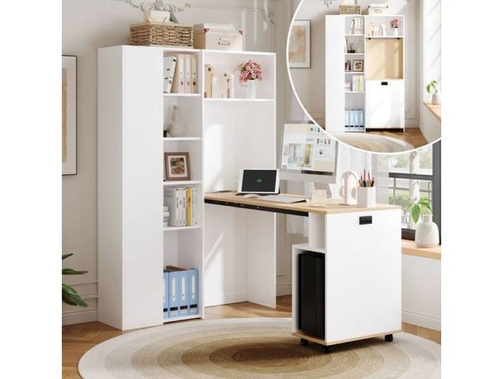 Bureau gain de place blanc d'angle pliable 104 5x30 5x160cm port USB rayonnages et compartiment bibliothèque Bureau d'angle