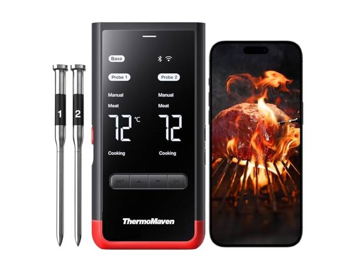 ThermoMaven P2 Updated Fleischthermometer Kabellos mit 2 Sonde WiFi & RF bis 610M, ±0,3°C Präzise, IPX8 Wasserdicht, NIST & NSF Zertifiziert, Grillthermometer Kabellos, Bratenthermometer