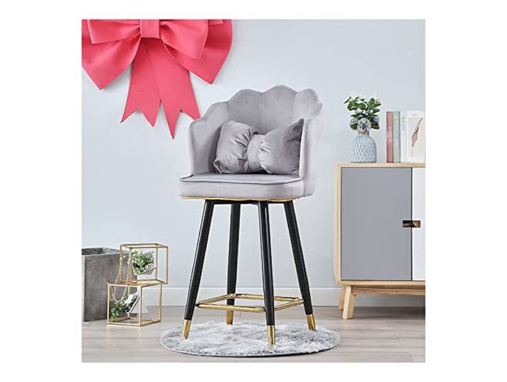 Barhocker Mit Rückenlehne Und Fußhocker Barhocker Höhe 25,6 /29 Mit Kissen, Sitz Samt gepolstert Und Schwarz Metall Beine,Gray-height 65cm