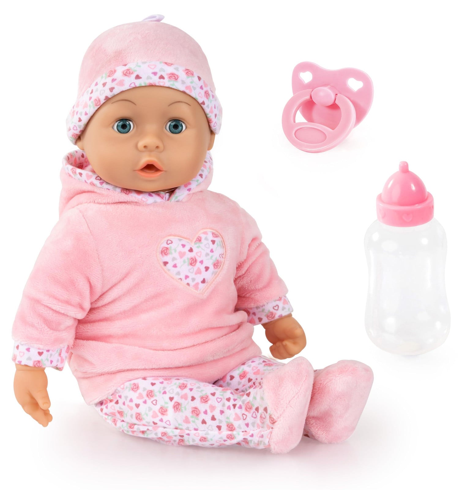 Babydesign Interactieve sprekende baby pop met zachte body, fopspeen en fles, 38 cm