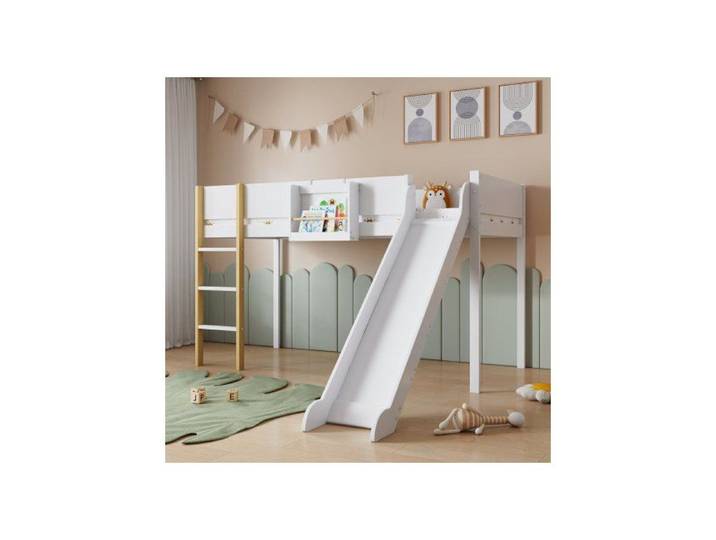 Lit Mi-Hauteur Enfant - MERAX - 90x200 - Toboggan - Échelle Droite - Barrières Sécurisées