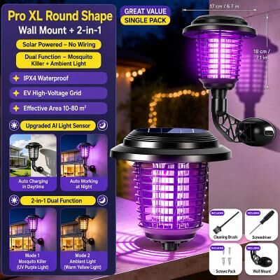 LightInthebox Solar Bug Zapper Outdoor, Solar Mosquito Zapper, Rechargeable Battery, Waterproof Electric Fly Zapper for Patio, Backyard, Garden, Camping