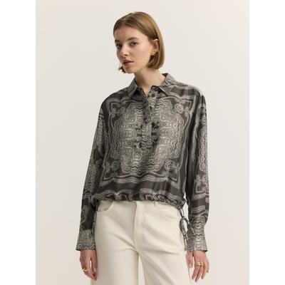 Langarmbluse BUGATTI "Modern Fit", Damen, Gr. 38, grau (90, braun), 100% Viskose, gemustert, normal, ohne Ausschnitt, Blusen, Modern Fit Viskose Bandana-Print