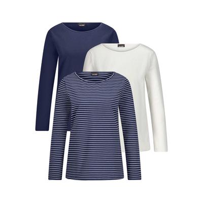 Kurzarmshirt GOLDNER "Langarm 3er-Baumwollshirt-Set", Damen, Gr. 40, blau (marine, cremeweiß, marine, geringelt), Obermaterial: 95% Baumwolle CO. 5% Elasthan EL., Modisch, U-Boot-Ausschnitt, Shirts, U-Boot-Ausschnitt