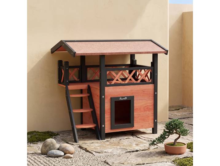 PawHut Cabane Chat Extérieur Terrasse 77x50x73cm Marron Noir Rouge