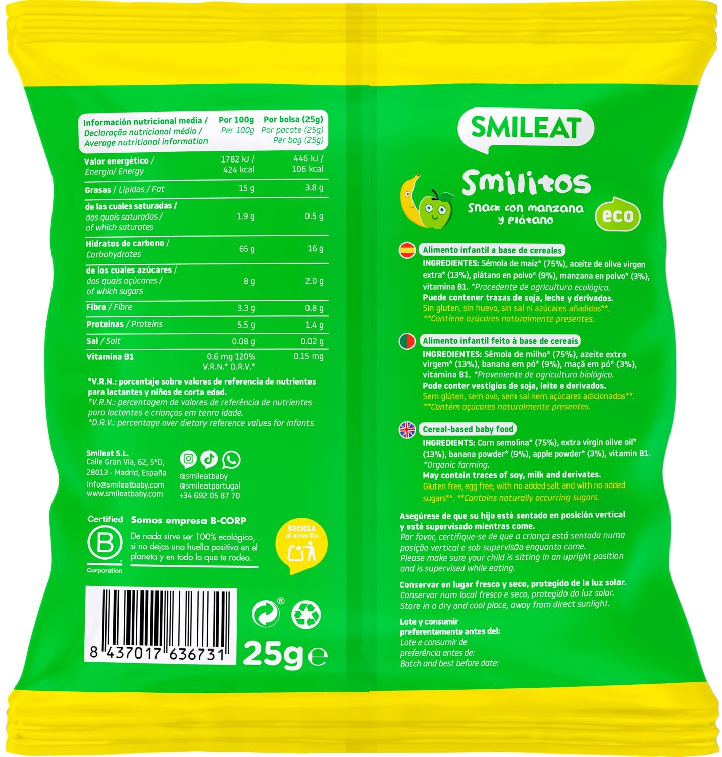 Smileat Smilitos Gusanitos Ecológicos de Manzana y Plátano 25 g