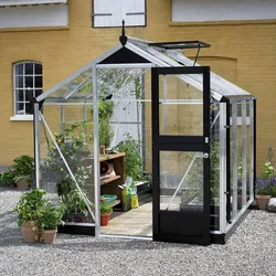 Juliana Gewächshaus Kompakt - 5 m2 / 6,6 m2 / 8,2 m2-2,24 x 2,2 4 m - 5 m2 (Gr. 1)-Alu/Schwarz-3 mm Sicherheitsglas