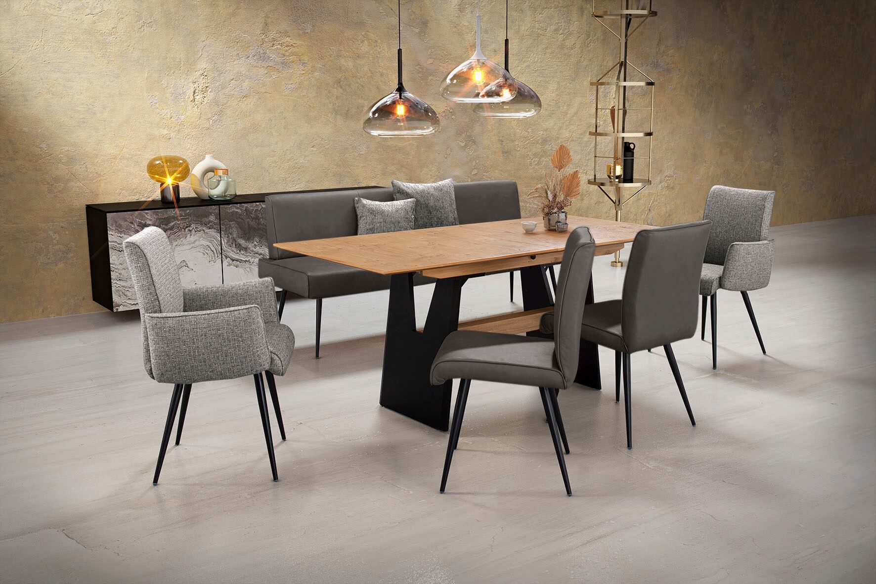Essgruppe K+W KOMFORT & WOHNEN "Giacomo I", grau (granit, lightgrau), Flachgewebe 775 Leder CLOUD, Synchron-Auszug, Länge Esstisch: 180cm,Länge Esstischmaximal: 220cm,Breite/Sitzbreite Bank: 200cm, Sitzmöbel-Sets, Essgruppe, 2 Stühle und Bank, 2 Armlehnen