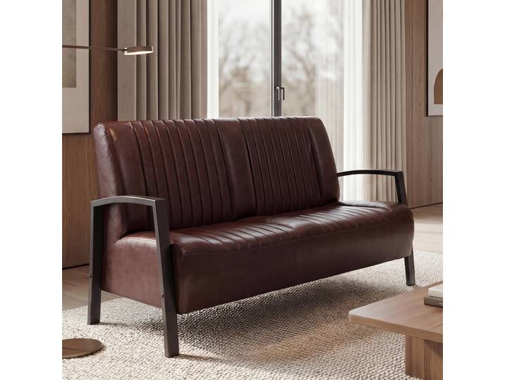 2er Sofa HWC-H10, Couch Zweisitzer, Metall Kunstleder Industrie-Design Vintage braun