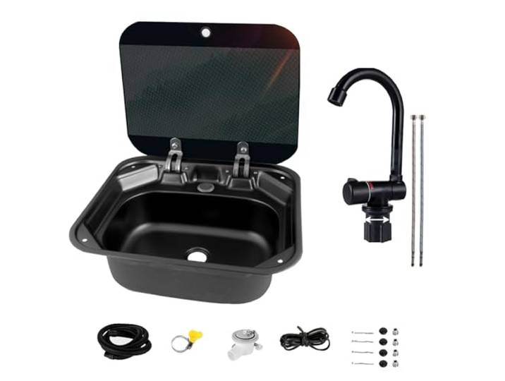 WANGCEPLSD Spülbecken Edelstahl, RV Wohnmobil Spülbecken mit Klapphähnen Und Glasabdeckungen, mit Wasserzulauf- Und -ablaufgarnitur, für Wohnmobilanhänger, Caravan Und Yachten, 42x37x15cm, Schwarz