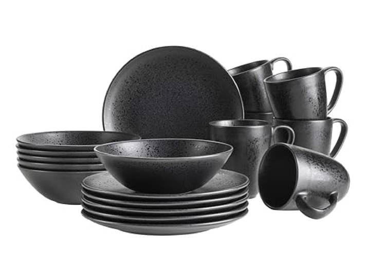 MÄSER, Serie Essential, Frühstücks Set für 6 Personen, Geschirr zum frühstücken aus hochwertigem Keramik, hergestellt in Portugal, Steinzeug, schwarz