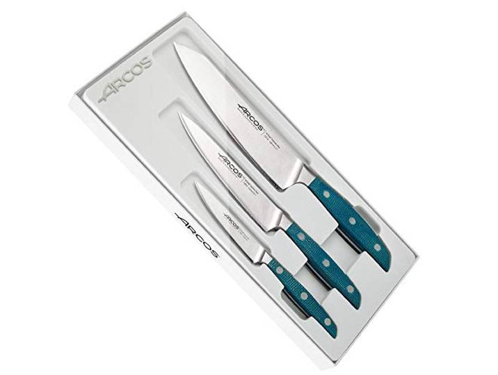 Arcos Küchenmesser-Set aus Geschmiedetem Edelstahl, 3-teilig - Beeindruckende Präzision bei jedem Schnitt - Griff aus Micarta, Ideal für die Küche - Blau, Serie Brooklyn
