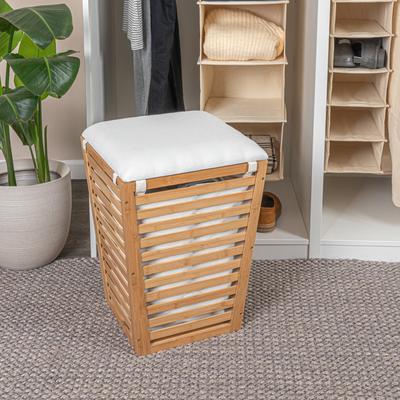 "Household Essentials Slatted Bamboo Hamper with Cushioned Lid and Removable Bag - 16.1""L x 16.1""W x 22.3""H"
