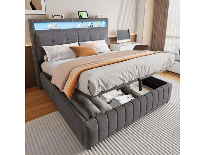 Plaque épaissieLit rembourré 160 * 200cm avec éclairage LED et prise USB tête de lit avec étagères et rangement rangement hydrau