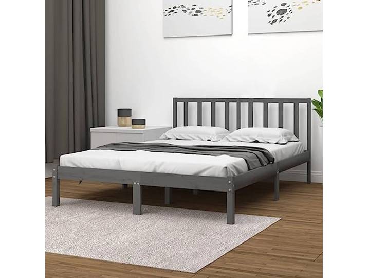 Massives Kiefernholz Lattenrost Stabilität Schlafzimmer Grau 200 x 200 cm Massivholzbett Grau Kiefer 200x200 cm Bettgestell mit Kopfteil Stabil Holzrahmen Lattenrost Schlafzimmer Möbel