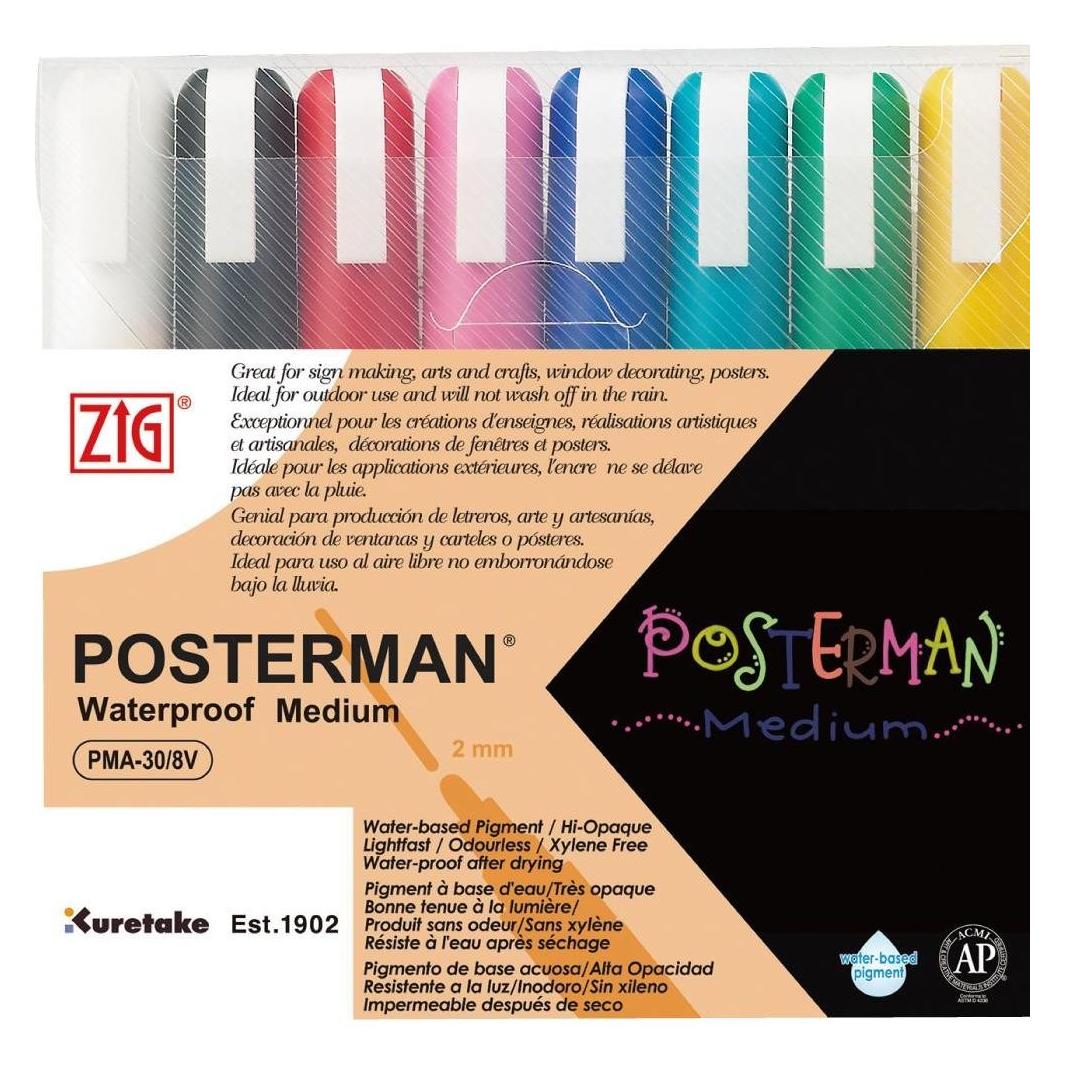 Zig POSTERMAN Medium, Black, Blue, Green, Light Blue, Pink, Red, White, Yellow, Odorless, 8 pc(s) (8x) (PMA-30/8V)
