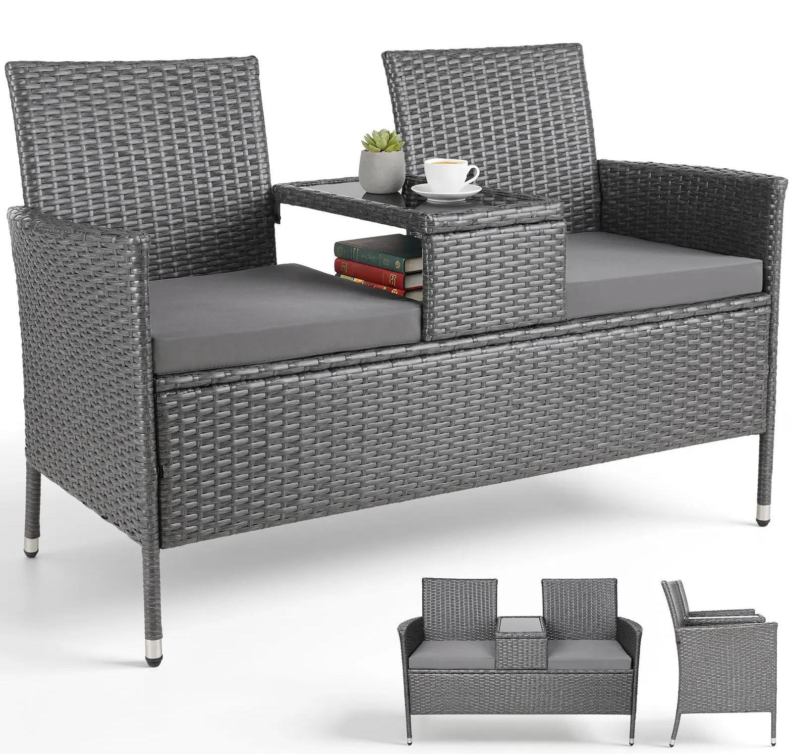 Polyrattan Gartenmöbel Set - 2-Sitzer Sofa mit Tisch - Metallgestell - Für Balkon und Terrasse - Modernes Design - Grau mit grauen Kissen