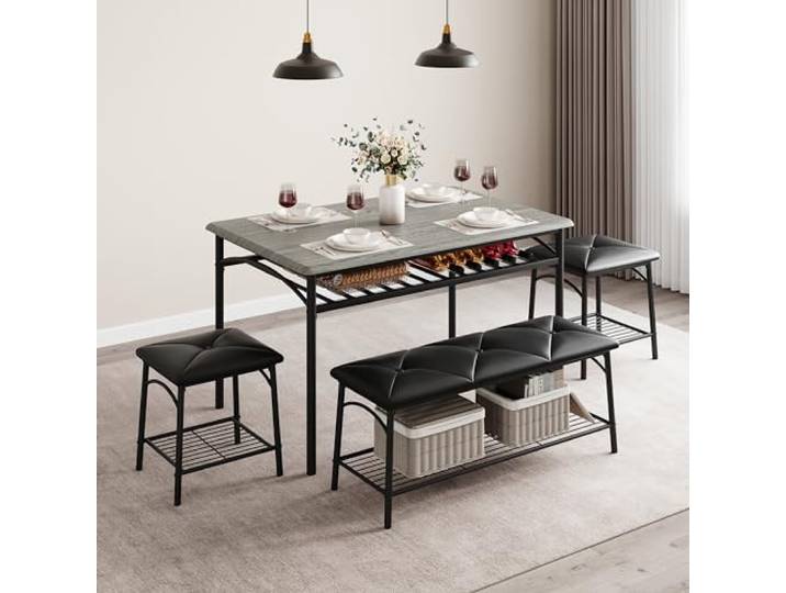 Acekool Esstisch Set, Esstisch Mit 3 Bänken Für Esszimmer Praktisches 1+3 Esstisch-Set mit Ablagefach, stabiler Rahmen, platzsparend, pflegeleichte Oberfläche, einfache Montage