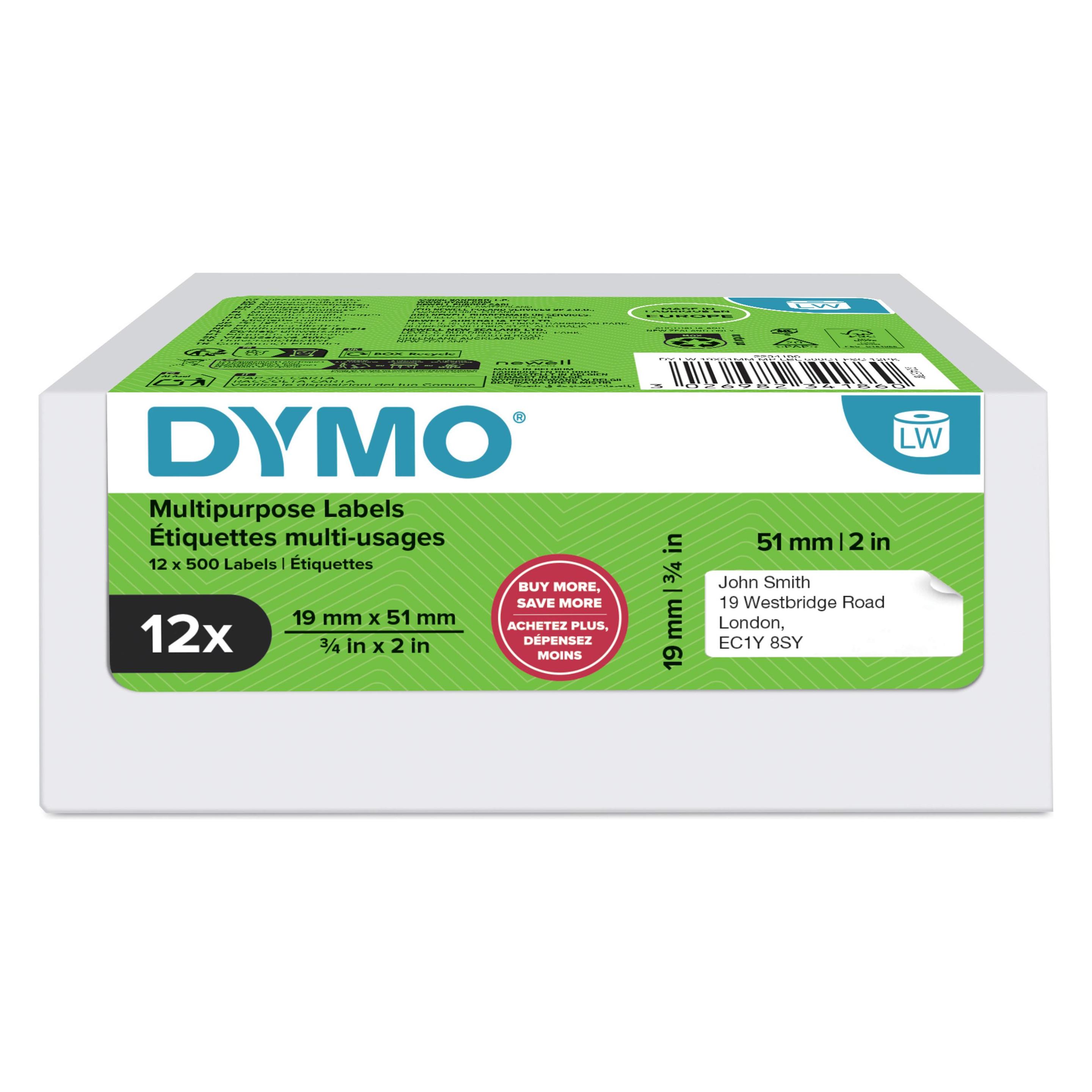 Dymo Namensschild klein 19x51mm weiss 24 Rollen à 500 Etiketten,ablösbar (19 mm) (2234184)