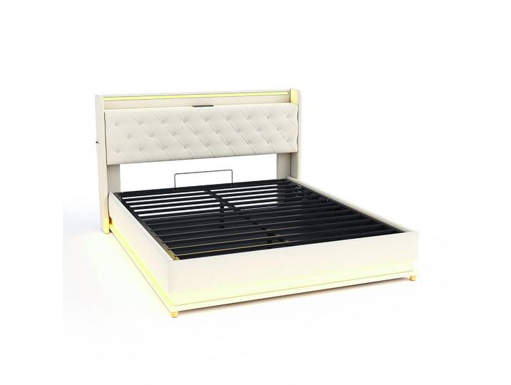 Komhtom Polsterbett 160x200cm, mit USB-Ladeanschluss,Leinen ,Beige, Mode, Rechteckig, 160x200 cm, Schlafzimmer, Betten, Polsterbetten