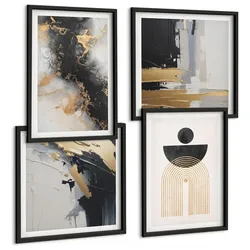 BILDER SET 4er Set - 50x50 cm & 40x60 cm Schwarzer Rahmen - Abstrakte Geometrie-Komposition