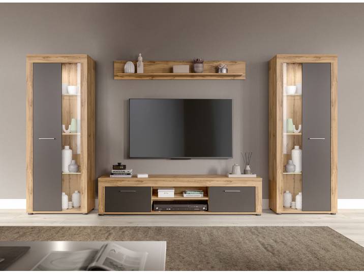 Wohnwand GOODPRODUCT AOSTA, Breite 310cm, 4-teilige Wohn-Kombination , grau (wotan eiche nachbildung, grau), B:310cm H:159cm T:40cm, Kastenmöbel-Sets, Wohnwand, Wohnwand, Kombination, Anbauwand, Möbel Set, Schrankwand, Möbel Kombi