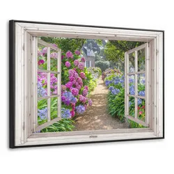 LEINWAND Bilder mit Rahmen - Hortensie - Durchsichtig - Blumen - Sommer - Lila - Weg - 90x60