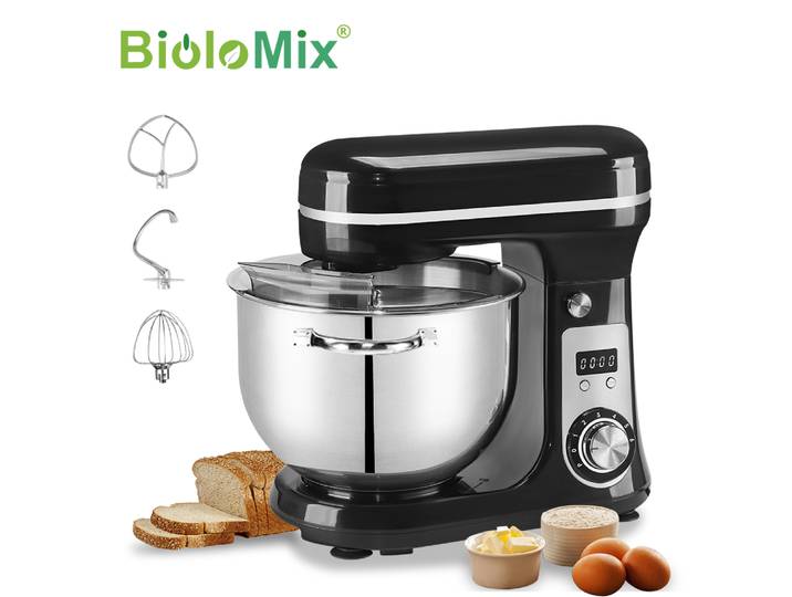 BioloMix Mélangeur sur socle de cuisine, mélangeur, moteur silencieux, fouet à œufs crème, pétrin de pâte fouet, 6 vitesses, 1200 W, 6 L, DC