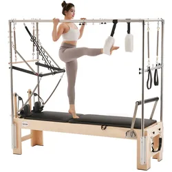 VEVOR Pilates Reformer Maschine aus Holz für Fitnessstudio zu Hause, Krafttrainingsgerät mit doppeltem Widerstand & Reformer-Box & Sprungbrett, für Fortgeschrittene und Anfänger, bis zu 181,44 kg