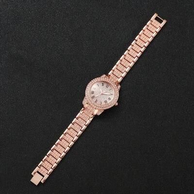 Youfap Market Full Diamond Roman Quartz Watch Set In Luxury Gold, Silver, Rose Gold Alloy, Perfect For Business Occasions rose