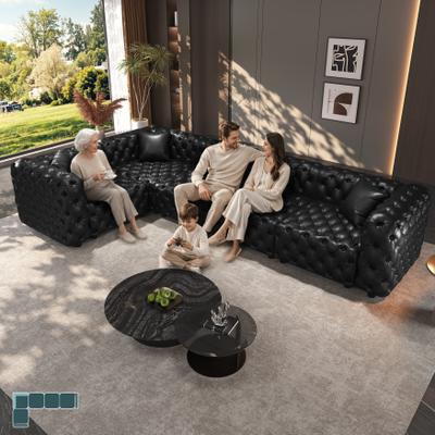 "GDFStudio - 132.5"" Faux Leather L-Shaped 5-Seater Modular Sectional Sofa with Hand Tufted Design & 5 Pillows"