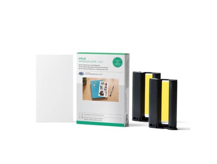 Cricut StickerPix Print + Cut™ Lot de feuilles d'autocollants et cartouches Pour une utilisation avec Cricut StickerPix Print + Cut. Comprend 2 cartouches d'encre\, 72 feuilles d'autocollants blanches