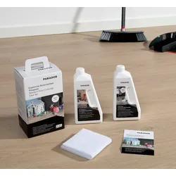 Parador Zubehör Pflege Designboden Pflegeset. Bestehend aus: 750 ml Vollpflege matt,750 ml PU Reiniger, Pad weiß, Pflegeanleitung für Vinyl Boden 130x210x170 mm