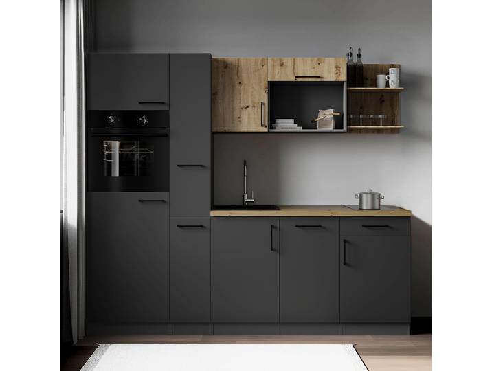 Autarke Singleküche Oliver ohne Mikro 235cm Holz/Grau/Matt Grau/Eiche Artisan Dekor