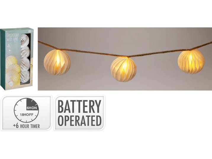 Koopman LED Ketting Papieren Bal - 8 cm, Wit, 8 stuks