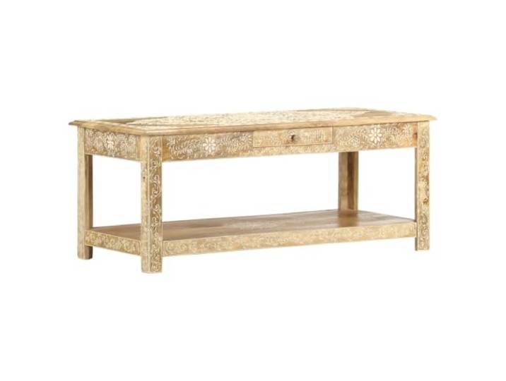 Roanoer Couchtisch Massivholz Mango 110x50x45 cm Vintage Beistelltisch Handbemalter Wohnzimmertisch aus echtem Mangoholz mit Schublade und fixer Ablage im Vintage Stil fuer Ihr Zuhause.