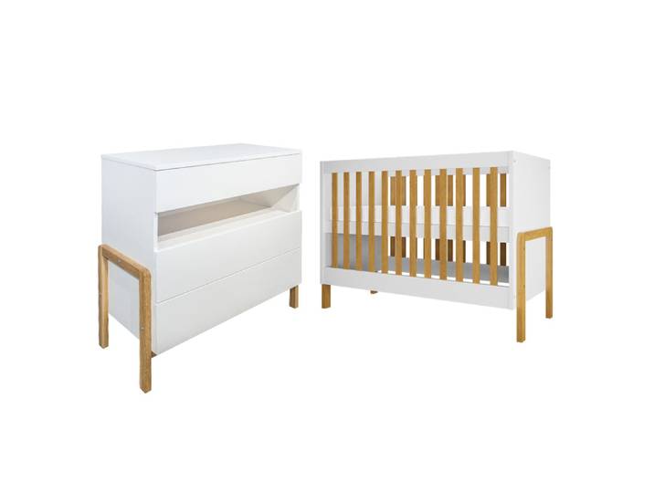 Lit bebe 60x120 et commode 3 tiroirs Kocot Kids Victor - Blanc et Chêne