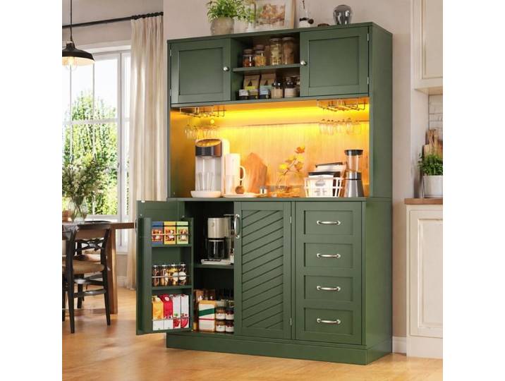 Buffet de cuisine vert avec LED portes tiroirs plan de travail anti-basculement MDF métal JOINERY