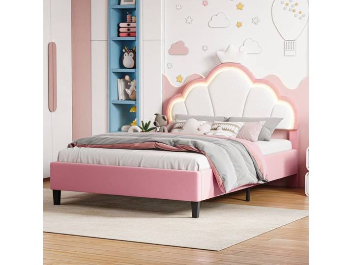 Lit 140x190cm - Lit Enfant 140x190cm - Lit Princesse avec LED RGB - Lit Fille Design Couronne - en Velours Rose et Blanc