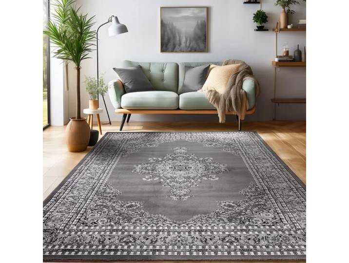 Tapis oriental traditionnel classique optique médaillon ornement noir gris blanc [160x230 cm]